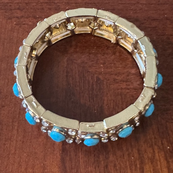 Turquoise Color Cabochon Beads, rhinestone crystal Gold color stretch bracelet - Picture 7 of 9